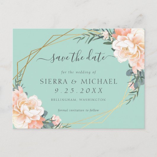 Chic Mint Green Peach Gold Floral Save the Date Ankündigungspostkarte (Vorderseite)