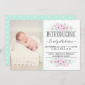 Chic Mint Green & Pink Blume Geburtsankündigung Ankündigung (Vorne/Hinten)