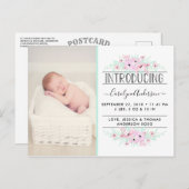 Chic Mint Green & Pink Blume Geburtsankündigung Ankündigungspostkarte (Vorne/Hinten)