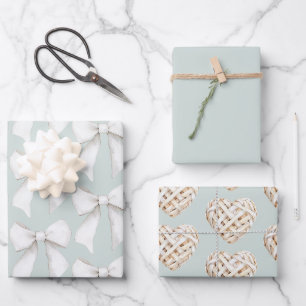 Chic Mint Green White Hearts Bows Brautparty Geschenkpapier Set