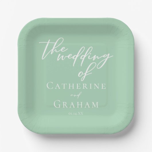 Chic Mint Green White Personalisiert Wedding Pappteller (Vorderseite)