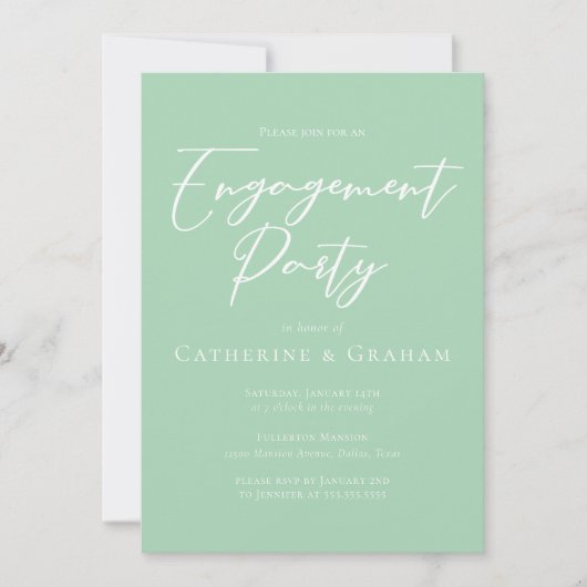 Chic Mint Green White Script Engagement Party Einladung (Vorderseite)