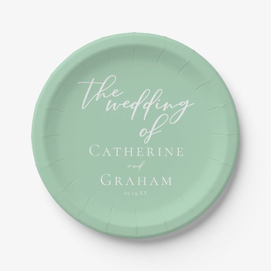 Chic Mint Green White Script Personalisiert Weddin Pappteller (Vorderseite)