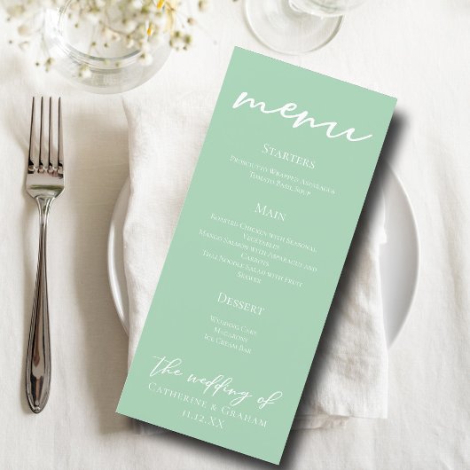 Chic Mint Green White Typografy Hochzeitsessen Menükarte