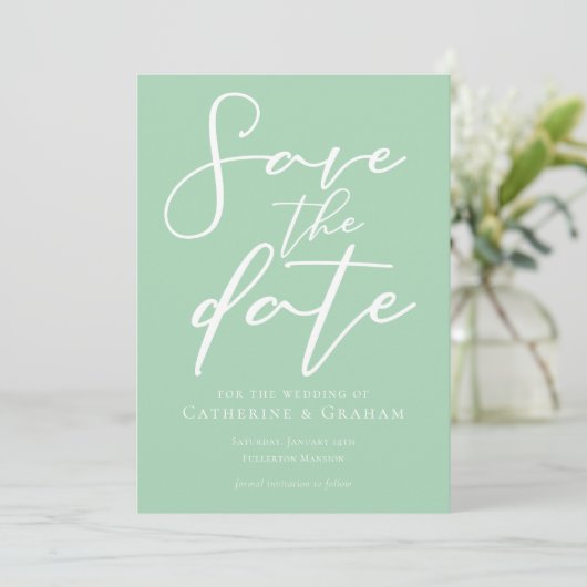 Chic Mint Green White Typografy Spring Save The Date (Stehend Vorderseite)