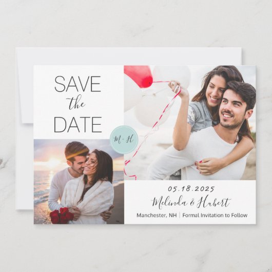 Chic Mint Monogram Wedding Foto Save the Date (Vorderseite)