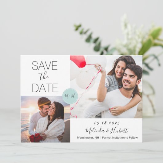 Chic Mint Monogram Wedding Foto Save the Date (Stehend Vorderseite)