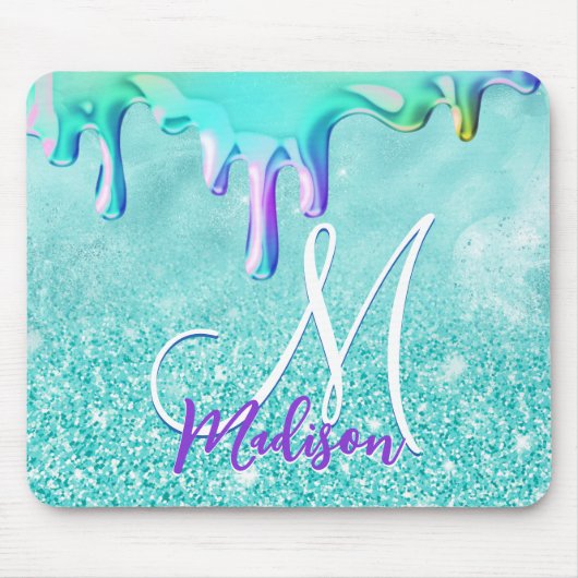 Chic mint ombre Glitzer unicorn Tropfen Monogramm Mousepad (Vorne)