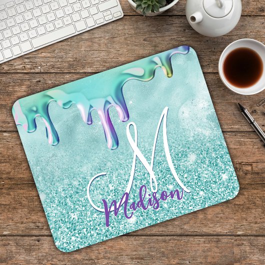 Chic mint ombre Glitzer unicorn Tropfen Monogramm Mousepad