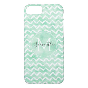 Chic Mint Watercolor Zickzack Stripes Monogramm Case-Mate iPhone Hülle