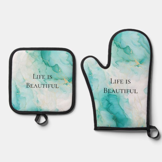 Chic Mint White Gold Brautparty Ofenhandschuh & Topflappen-Set (Vorderseite)