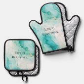 Chic Mint White Gold Brautparty Ofenhandschuh & Topflappen-Set (Vorderseite/Rückseite)