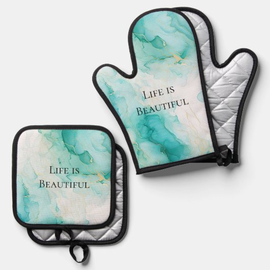 Chic Mint White Gold Brautparty Ofenhandschuh & Topflappen-Set (Vorderseite/Rückseite)