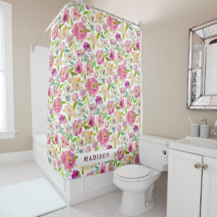 Chic Minze & Blush Pink Aquarell Floral Monogramm Duschvorhang