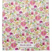 Chic Minze & Blush Pink Aquarell Floral Monogramm Duschvorhang (Vorderseite)