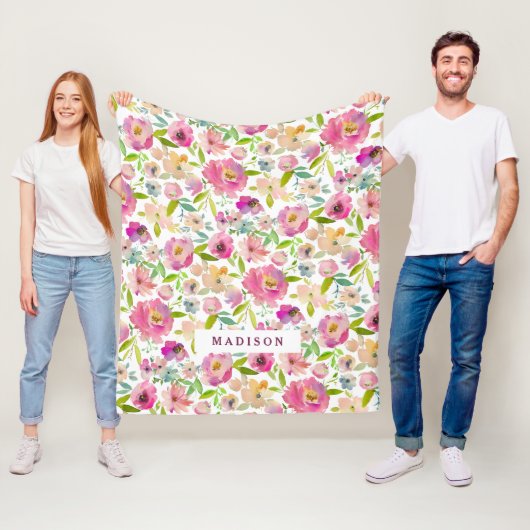 Chic Minze & Blush Pink Aquarell Floral Monogramm Fleecedecke (Beispiel)