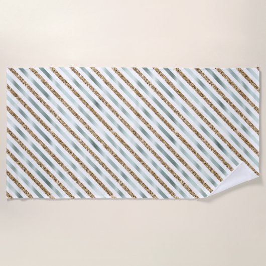 Chic Minze White Gold Glitzer Streifen Strandtuch (Vorderseite)