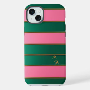 Chic Mit Monogramm, fett rosa & grün, goldgestreif iPhone 15 Plus Hülle