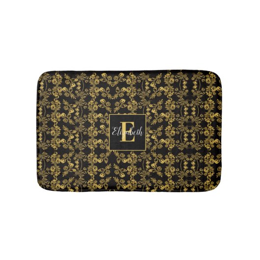 Chic Mit Monogramm Golden Floral print auf schwarz Badematte (Vorderseite)