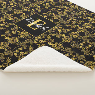 Chic Mit Monogramm Golden Floral print auf schwarz Sherpadecke