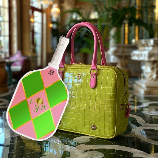 Chic Mit Monogramm Pink & Green Raute Pickleball Schläger