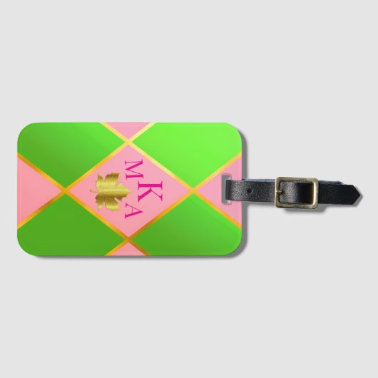 Chic Mit Monogramm Rosa und grüne Raute Gepäckanhänger (Vorderseite (Horizontal))