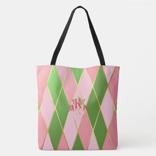 Chic Mit Monogramm Rosa und grüne Raute Tasche (Rückseite)