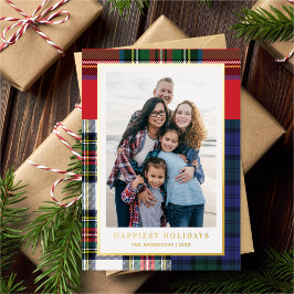 Chic Mixed Tartan + Gold Christmas Foto Folien Feiertagskarte