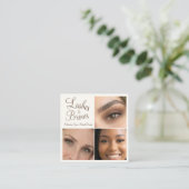 Chic Mocha Brown Cream Script 3 Photo Lashes Brows Quadratische Visitenkarte (Stehend Vorderseite)