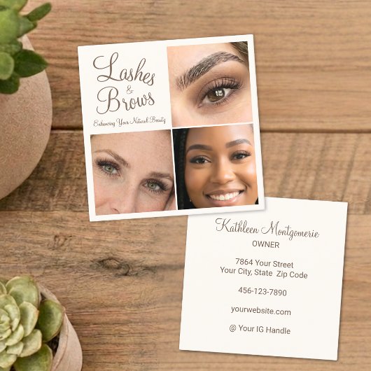 Chic Mocha Brown Cream Script 3 Photo Lashes Brows Quadratische Visitenkarte
