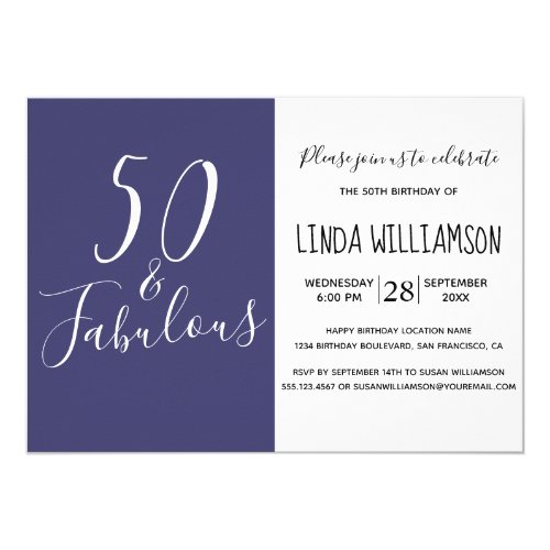 Chic Modern 50 Fabulous Navy Blue 50 Geburtstag Einladung Meine Einladungskarten De