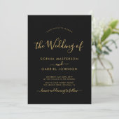 Chic Modern Black and Gold Script Foto Wedding Einladung (Stehend Vorderseite)