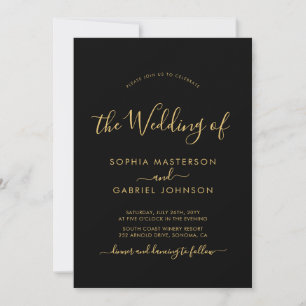 Chic Modern Black and Gold Script Foto Wedding Einladung