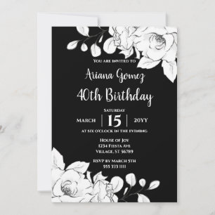 Chic Modern Black and White Floral 40. Geburtstag Einladung