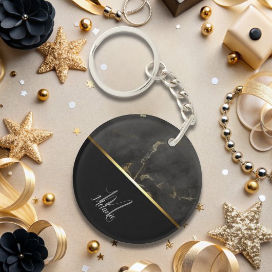 Chic modern Black Graue Marmor Gold Monogramm Schlüsselanhänger