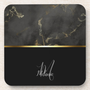 Chic modern Black Marmor Gold Monogramm Getränkeuntersetzer