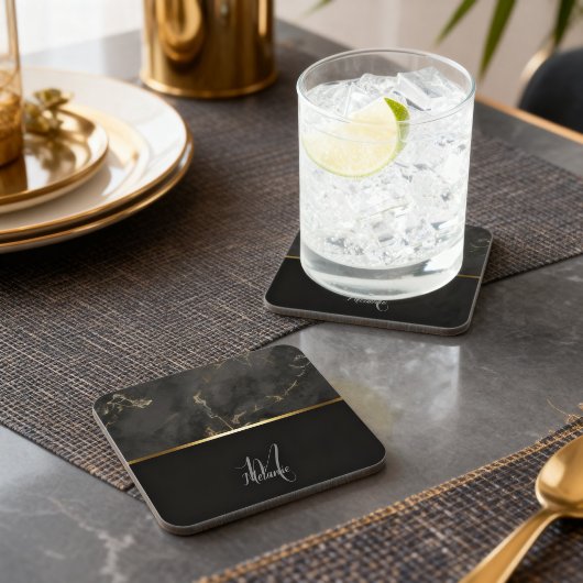 Chic modern Black Marmor Gold Monogramm Getränkeuntersetzer