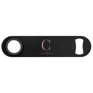 Chic Modern Black Rose Gold Monogram Script Speed Flaschenöffner