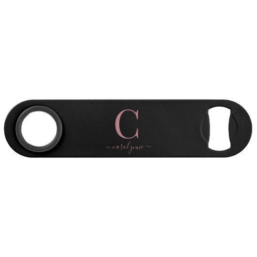 Chic Modern Black Rose Gold Monogram Script Speed Flaschenöffner (Vorderseite (Horizontal))