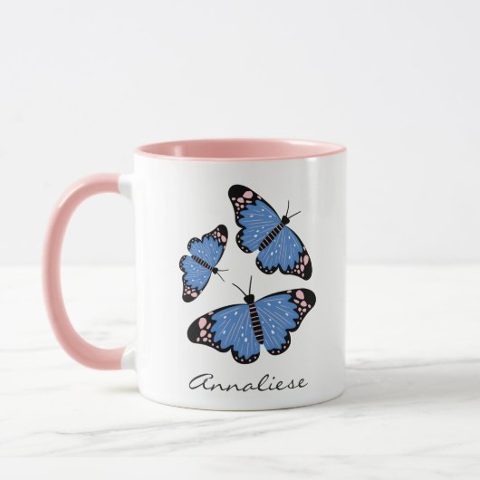 Chic Modern Blue Butterfly Design Personalisiert Tasse (Links)