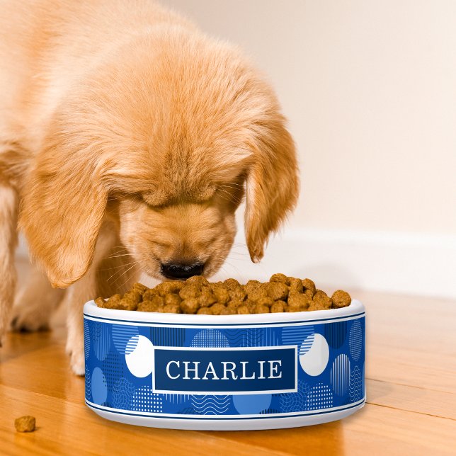 Chic Modern Blue White Polka Dot Muster Name Napf (Von Creator hochgeladen)