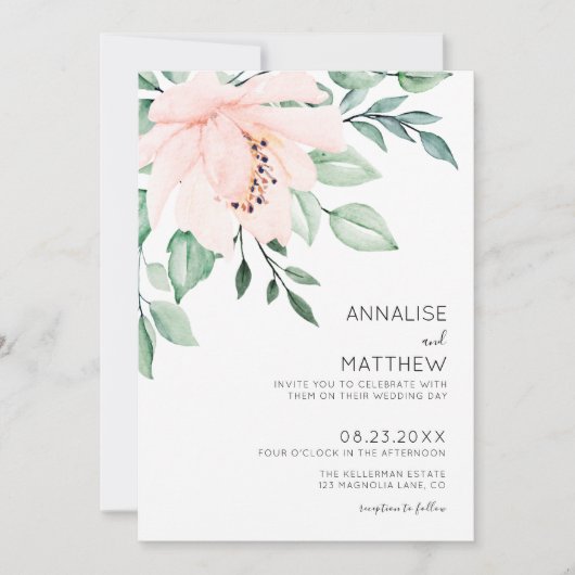 Chic Modern Blush Pink Watercolor Blumenzehen Einladung (Vorderseite)