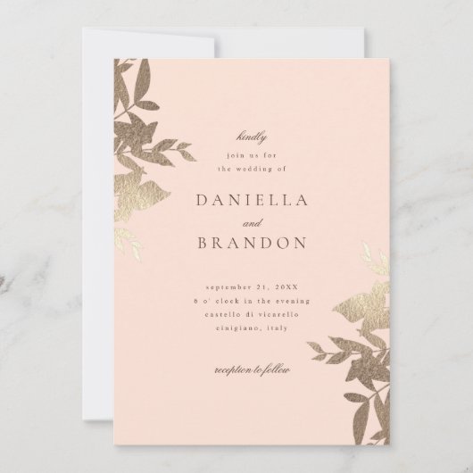 Chic Modern Botanische Imitats Gold Blush Pink Einladung (Vorderseite)