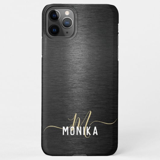 Chic Modern Brushed Metallic Black Gold Monogram iPhone Hülle (Rückseite)