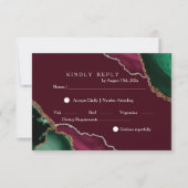 Chic Modern Burgundy & Green Black Agate Wedding RSVP Karte (Vorderseite)