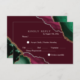 Chic Modern Burgundy & Green Black Agate Wedding RSVP Karte