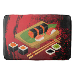 Chic Modern Elegant Black & Red Sushi Badematte