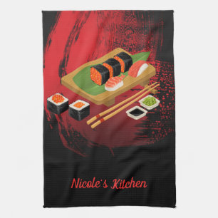 Chic Modern Elegant Black & Red Sushi Handtuch