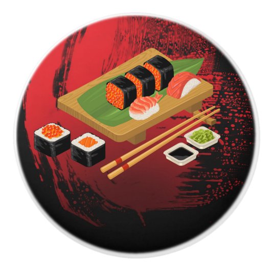 Chic Modern Elegant Black & Red Sushi Keramikknauf (Vorderseite)