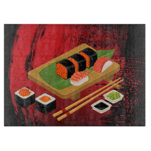 Chic Modern Elegant Black & Red Sushi Schneidebrett (Vorderseite)